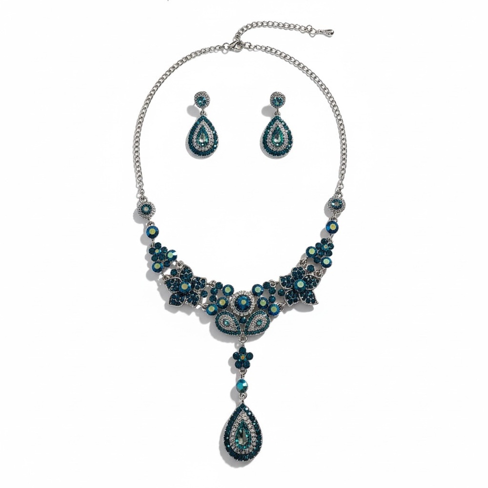 Teal Peacock Rhinestone Statement Necklace Drop Earrings Set Silver Tone Crystal